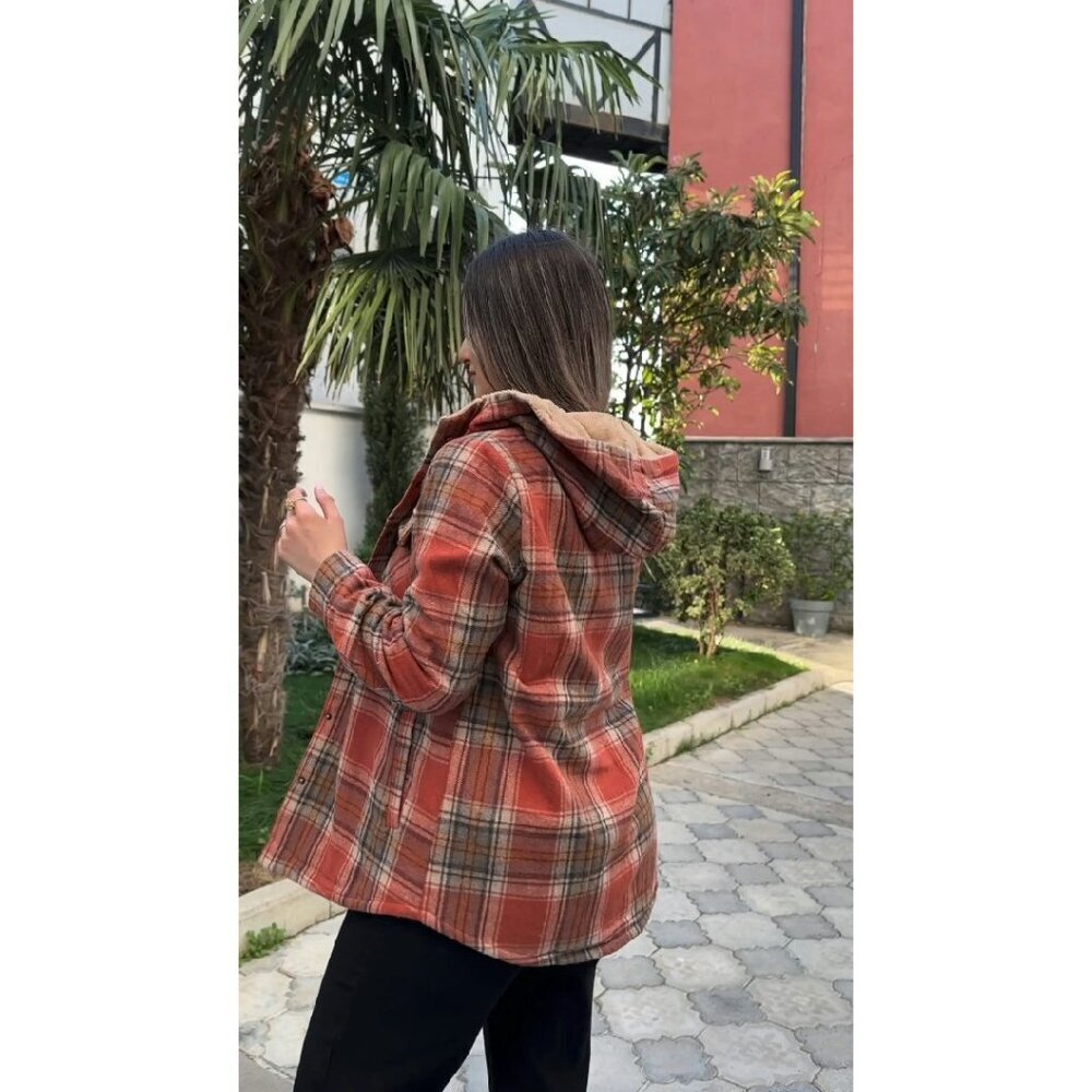 Women's Plaid Shacket Hooded Fleece Jacket Long Sleeve Button Front - Picture 6 of 8